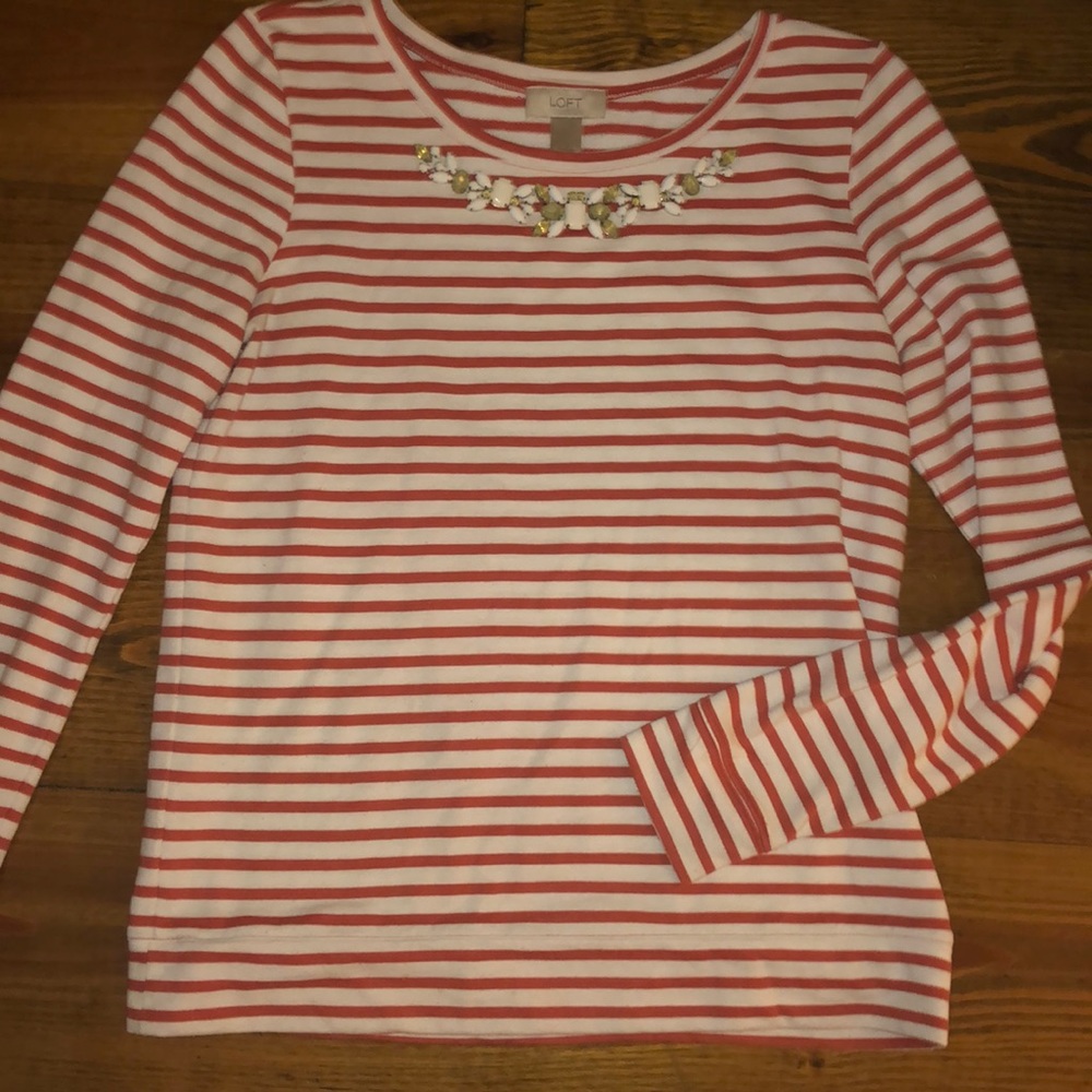 LOFT white and coral stripe sweater